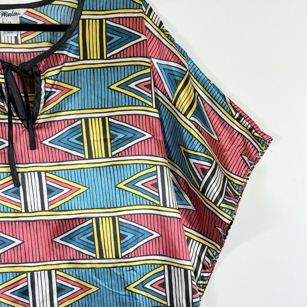 Winlar Vtg Top Women 1X Geometric Satin Vacation Beach Oversized Blouse Boho - Picture 3 of 6
